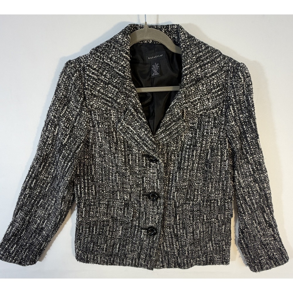 Rafaella Tweed Blazer Women Size 12 Black White Excellent Wool Blend Jacket
